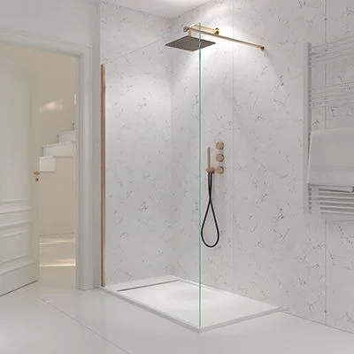 Resguardo de duche fixo ZEN Perfil de cobre - Vidro de 8 MM com tratamento anti-calcário incluído - Braço de fixação de parede em aço inoxidável. extensível