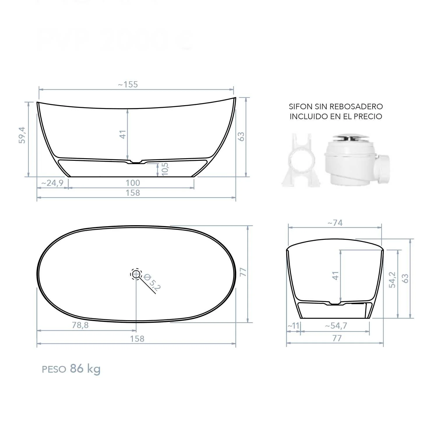 Banheira autônoma CLOE superfície sólida oval 158×77 cm - Image 7