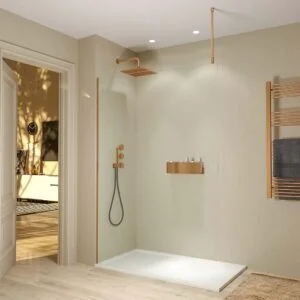 Resguardo de duche fixo ZEN Perfil de cobre - Vidro de 8 MM com tratamento anti-calcário incluído - Braço de fixação de teto em aço inoxidável. extensível