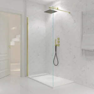 Resguardo de duche fixo Perfil ZEN Gold - Vidro de 8 MM com tratamento anti-calcário incluído - Braço de fixação em aço inoxidável. extensível