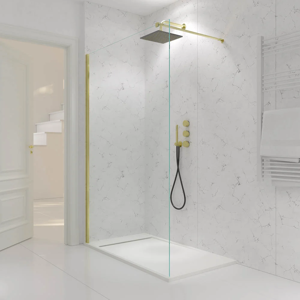 Resguardo de duche fixo Perfil ZEN Gold - Vidro de 8 MM com tratamento anti-calcário incluído - Braço de fixação em aço inoxidável. extensível