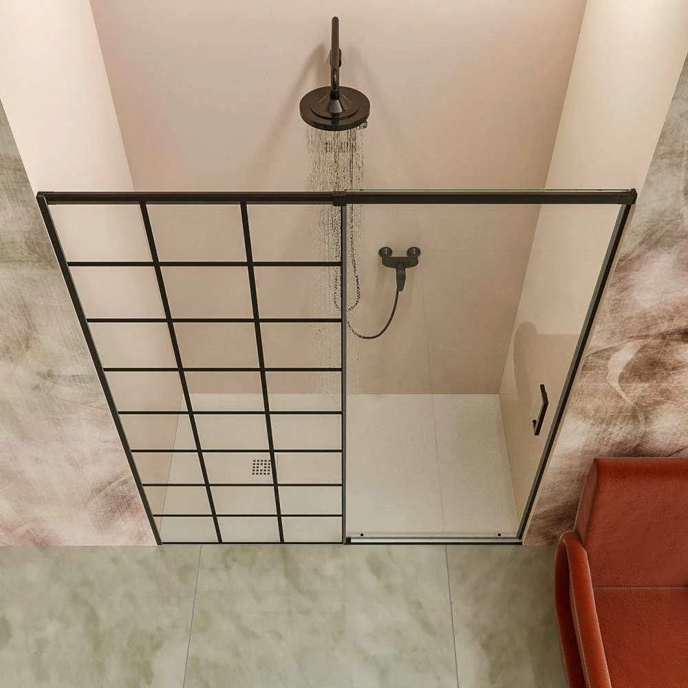 Resguardo de duche frontal AXER 1 fixo – 1 porta de correr em vidro 6 mm. SOHO decoração industrial. PRETO MATE aço inoxidável - Image 3
