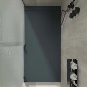 Base de duche em resina PLASTER Grafite – RAL 7016 – textura ardósia – antibacteriana e antiderrapante. Grelha oculta