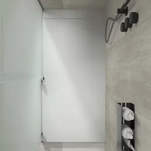 Base de duche em resina PLASTER Arena – RAL 7035 – textura ardósia – antibacteriana e antiderrapante. grade escondida