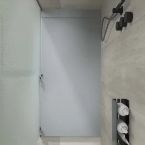 Base de duche PLASTER em resina cinza cimento – RAL 7040 – textura ardósia – antibacteriana e antiderrapante. grade escondida