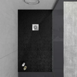 Base de duche em resina ONE Preto RAL 9005 e outras cores com textura ardósia antibacteriana e antiderrapante. Grelha em aço inoxidável