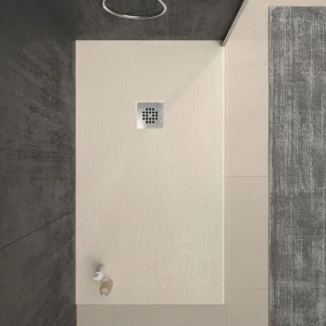Base de duche em resina ONE Creme RAL 1013 e outras cores exclusivas com textura ardósia antibacteriana e antiderrapante. Grelha em aço inoxidável