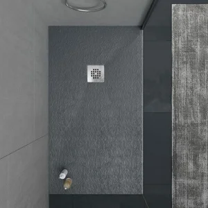 Base de duche em resina ONE Cinzento Antracite RAL 7016 e outras cores com textura ardósia antibacteriana e antiderrapante. Grelha em aço inoxidável