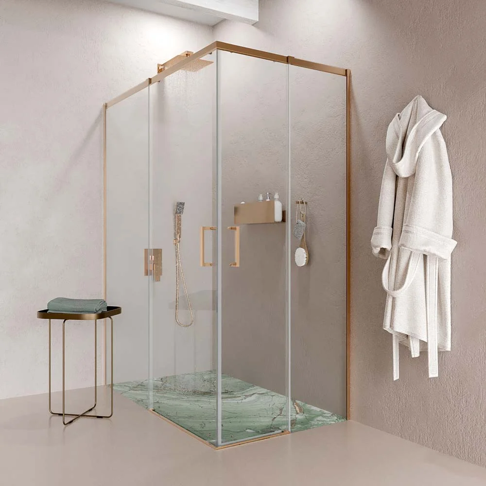 Resguardo de duche rectangular AXER 2 fixo – 2 portas de correr em vidro de 6 mm. Acabamento AÇO INOXIDÁVEL COBRE