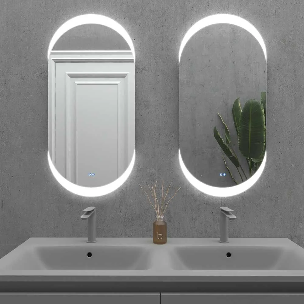 Espelho personalizado LINE com luz led traseira perimetral jateada superior e inferior. Caixas de som. Anti nevoeiro. Espelho de aumento. Relógio