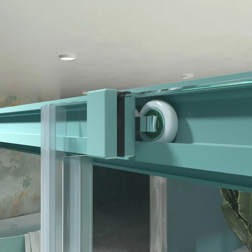 Resguardo frontal LUCE 1 porta de correr fixa -1. Sem perfil inferior. Com tratamento anti-calcário. Acabamento AZUL TURQUESA - Image 4