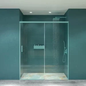 Resguardo frontal LUCE 1 porta de correr fixa -1. Sem perfil inferior. Com tratamento anti-calcário. Acabamento AZUL TURQUESA