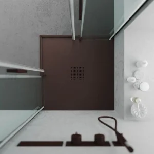 Base de duche em resina QUADRO Castanho – Cores à escolha, textura de ardósia antibacteriana e antiderrapante. Grelha termolacada