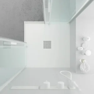Base de duche QUADRO em resina branca – cores à escolha – textura ardósia – antibacteriana e antiderrapante. Grelha termolacada