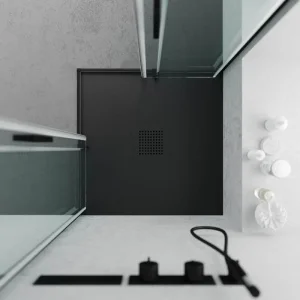 Base de duche em resina QUADRO Black – cores à escolha – textura ardósia – antibacteriana e antiderrapante. Grelha termolacada