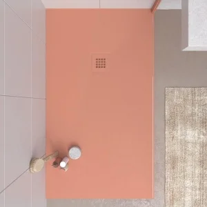 Base de duche em resina CLOE Flamingo Rosa RAL 3012 com textura de ardósia antibacteriana e antiderrapante. Grelha termolacada