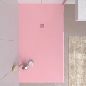 Base de duche em resina CLOE Rosa Claro RAL 6015 com textura de ardósia antibacteriana e antiderrapante. Grelha termolacada