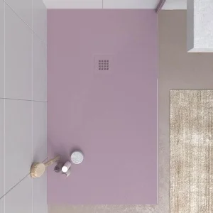 Base de duche em resina CLOE Violeta RAL 4009 com textura de ardósia antibacteriana e antiderrapante. Grelha termolacada
