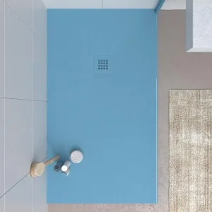 Base de duche em resina CLOE Opal Blue RAL 5024 com textura ardósia antibacteriana e antiderrapante. grelha termolacada