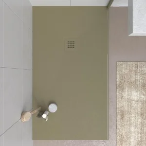 Base de duche em resina CLOE Moss RAL 6016 com textura de ardósia antibacteriana e antiderrapante. Grelha termolacada