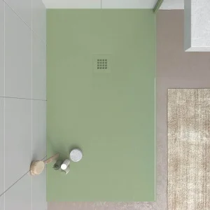 Base de duche em resina CLOE Verde Azeitona RAL 6021 com textura de ardósia antibacteriana e antiderrapante. Grelha termolacada