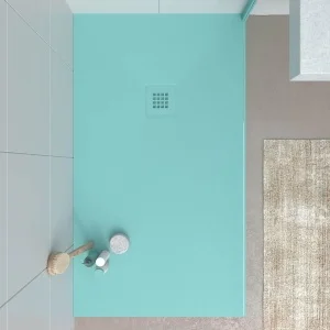 Base de duche em resina CLOE Turquesa RAL 6027 com textura de ardósia antibacteriana e antiderrapante. Grelha termolacada