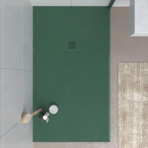 Base de duche em resina CLOE Verde-água RAL 6028 com textura de ardósia antibacteriana e antiderrapante. Grelha termolacada
