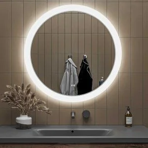 Espelho de casa de banho LEO redondo com luz frontal LED jateada