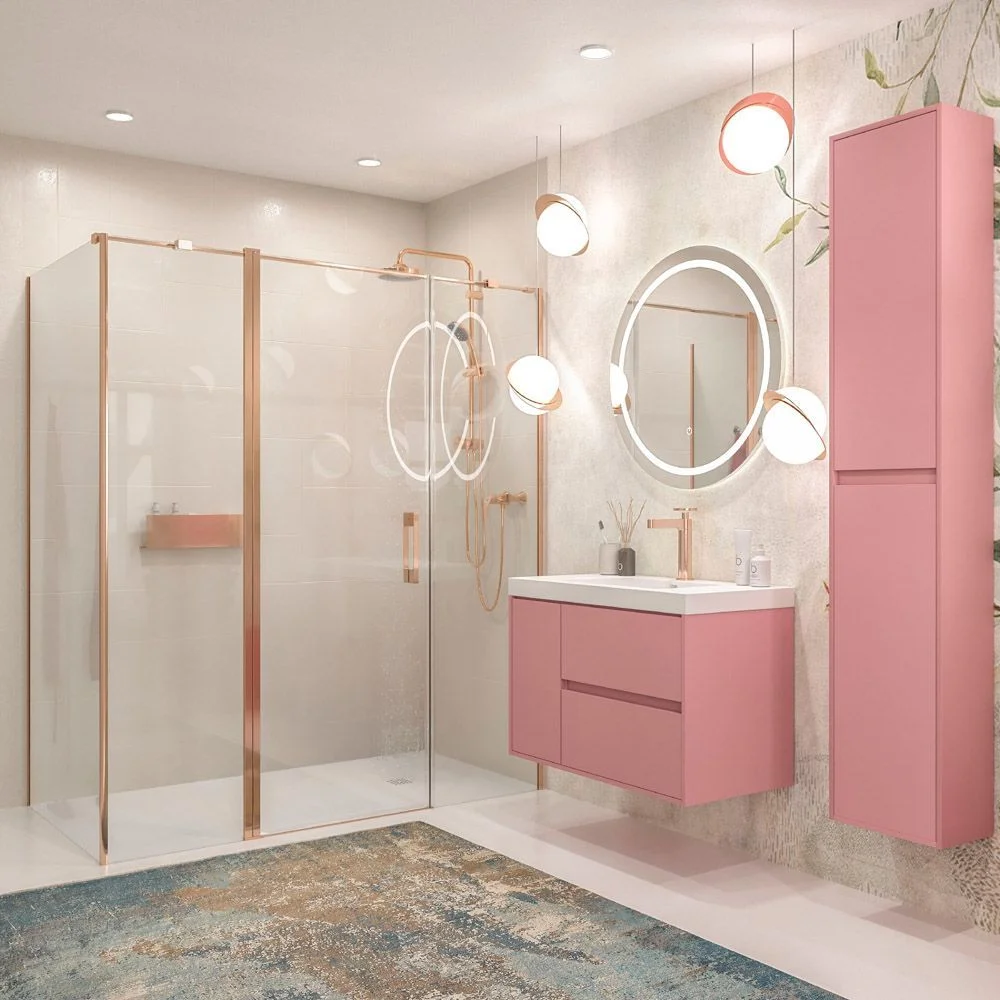 Móvel de casa de banho suspenso 2 gavetas / 1 porta CARMEN com lavatório em resina ROSA PALO acabamento - Image 4