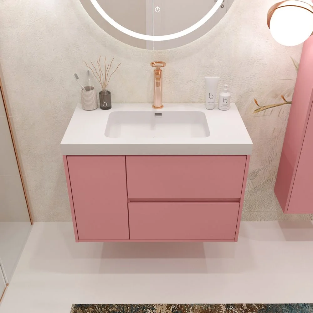 Móvel de casa de banho suspenso 2 gavetas / 1 porta CARMEN com lavatório em resina ROSA PALO acabamento - Image 3