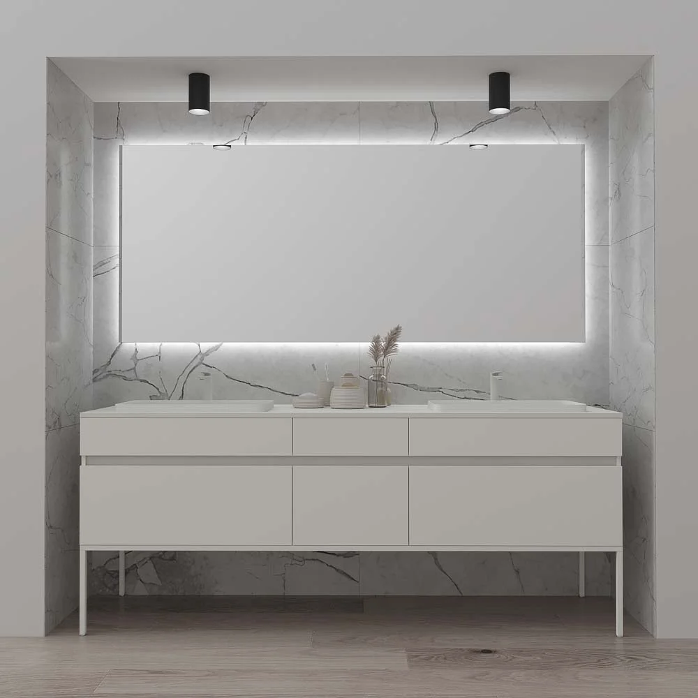 Móvel de casa de banho DUNE com 6 pés de gaveta e tampo SOLID SURFACE de 2 bacias