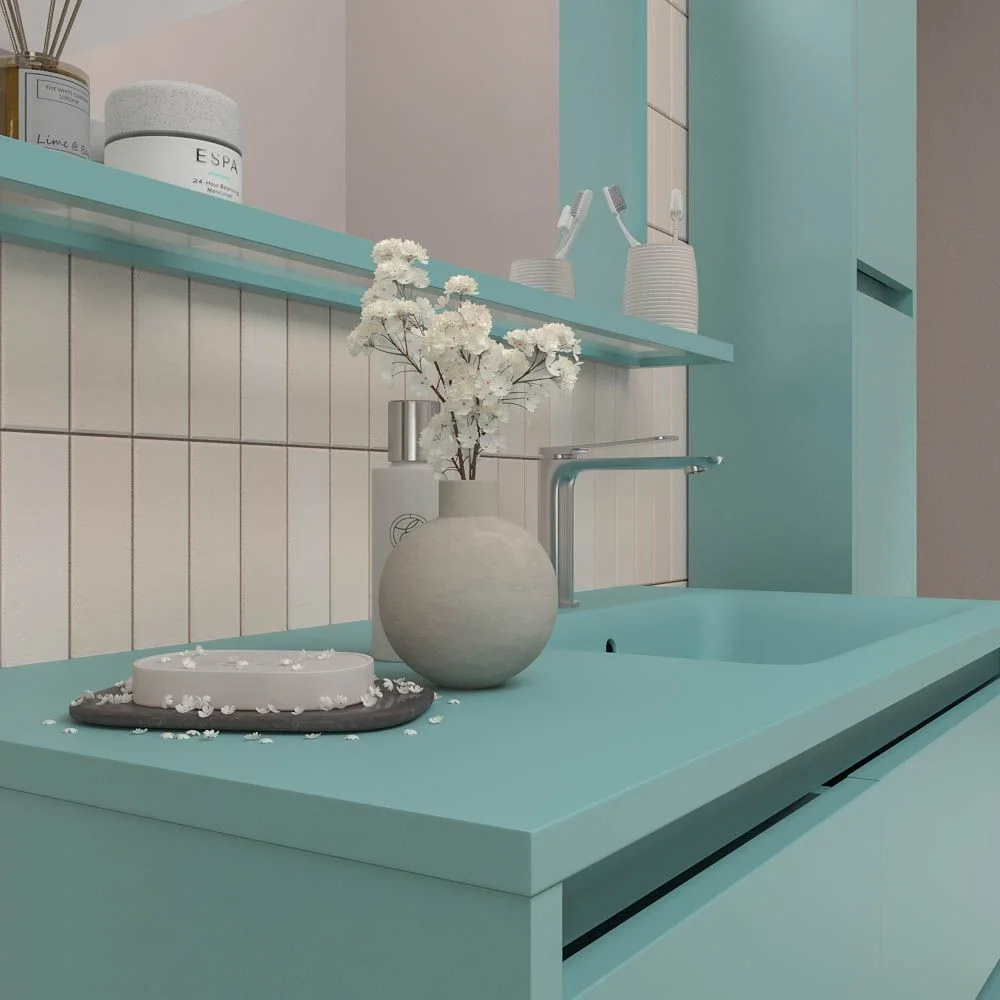 Móvel suspenso para casa de banho 2 gavetas / 1 porta CLAIRE com lavatório Superfície sólida TURQUOISE - Image 2