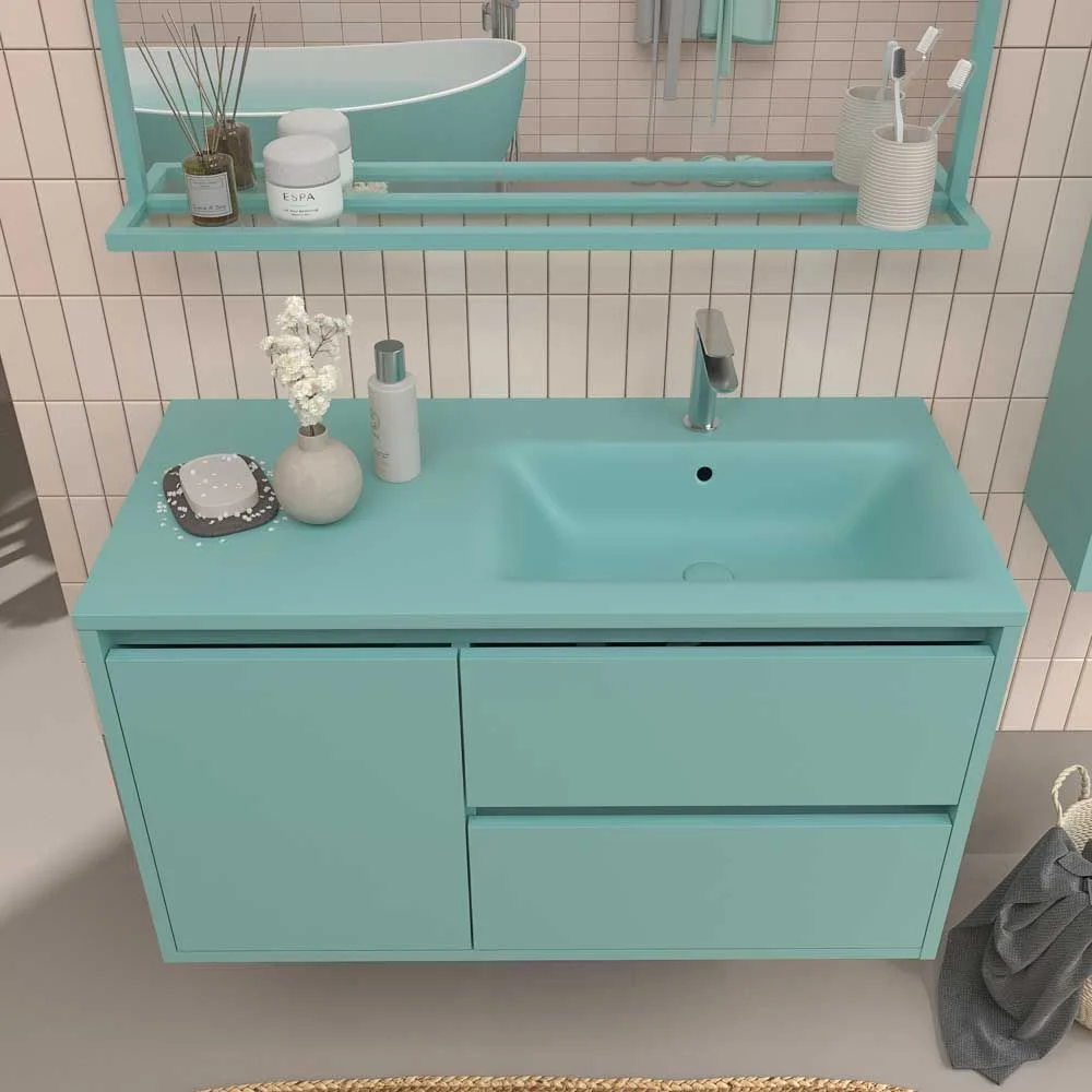 Móvel suspenso para casa de banho 2 gavetas / 1 porta CLAIRE com lavatório Superfície sólida TURQUOISE - Image 7