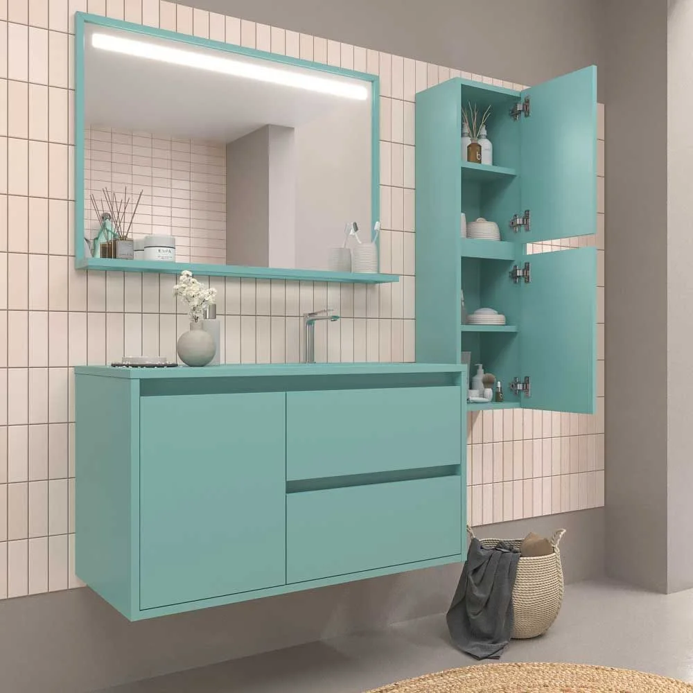 Móvel suspenso para casa de banho 2 gavetas / 1 porta CLAIRE com lavatório Superfície sólida TURQUOISE - Image 6
