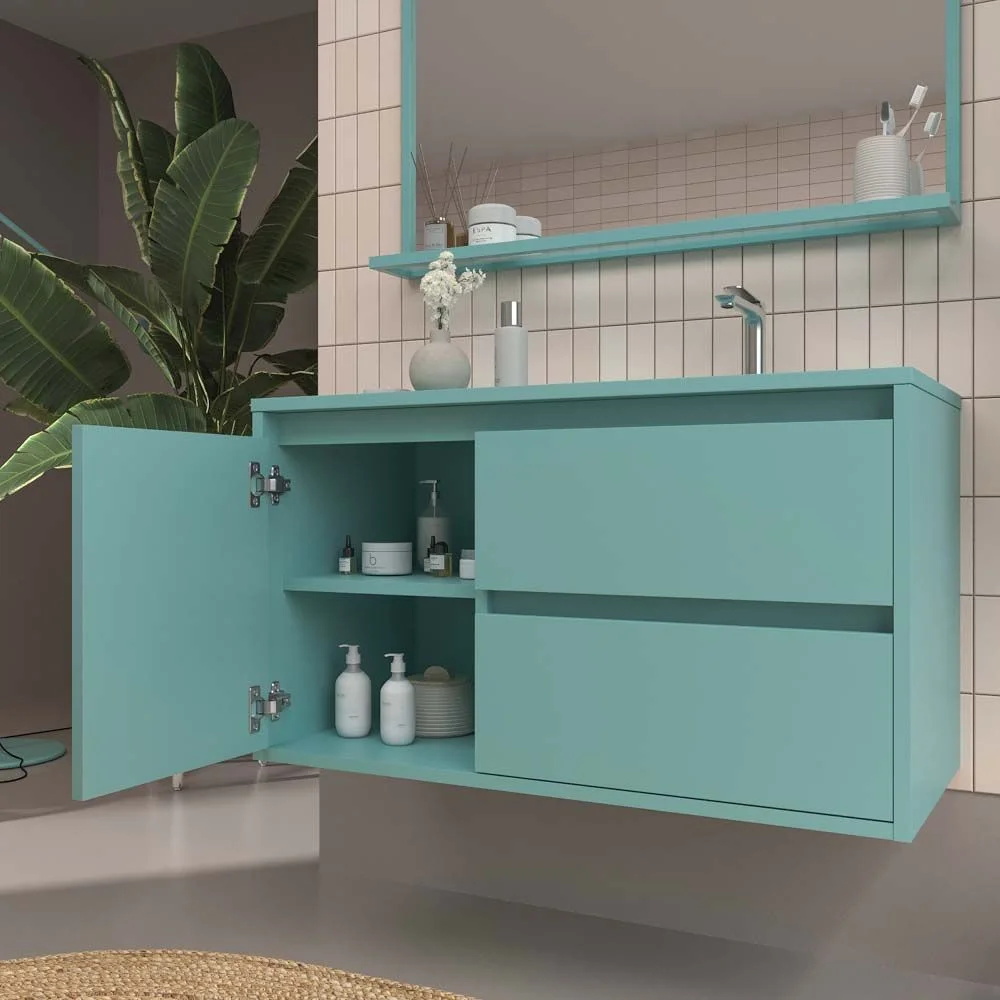 Móvel suspenso para casa de banho 2 gavetas / 1 porta CLAIRE com lavatório Superfície sólida TURQUOISE - Image 5