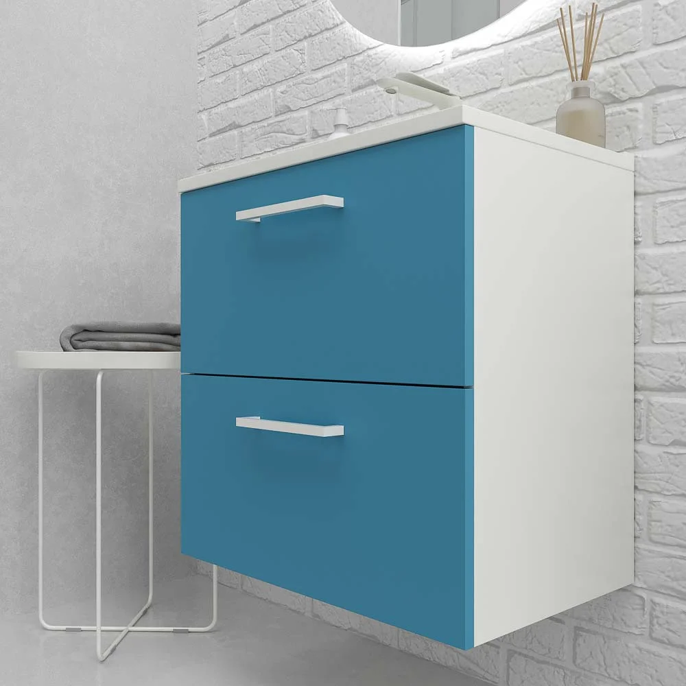 Móveis de casa de banho suspensos NEXO 2 gavetas profundidade reduzida 40 cm lacado mate com lavatório em porcelana AZUL/BRANCO - Image 5