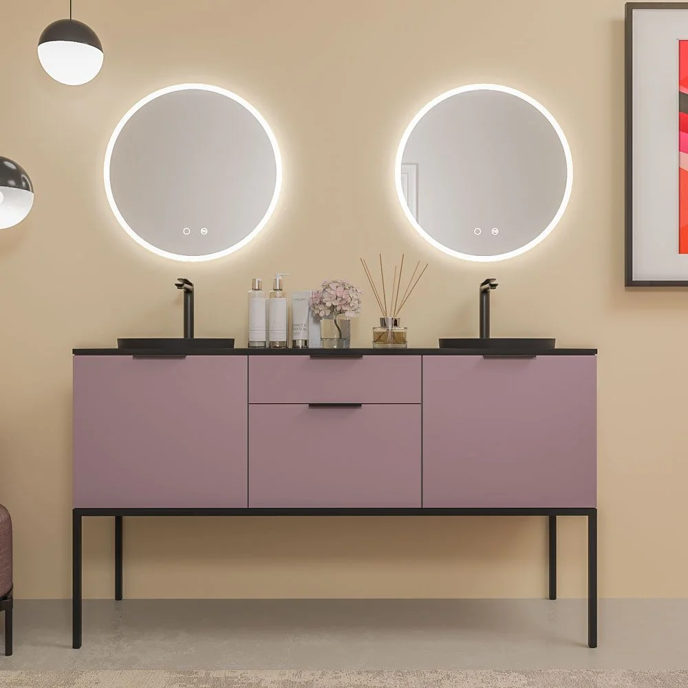 Móvel de casa de banho ELLA com pés 2 gavetas – 2 portas com bancada SOLID SURFACE 2 cubas