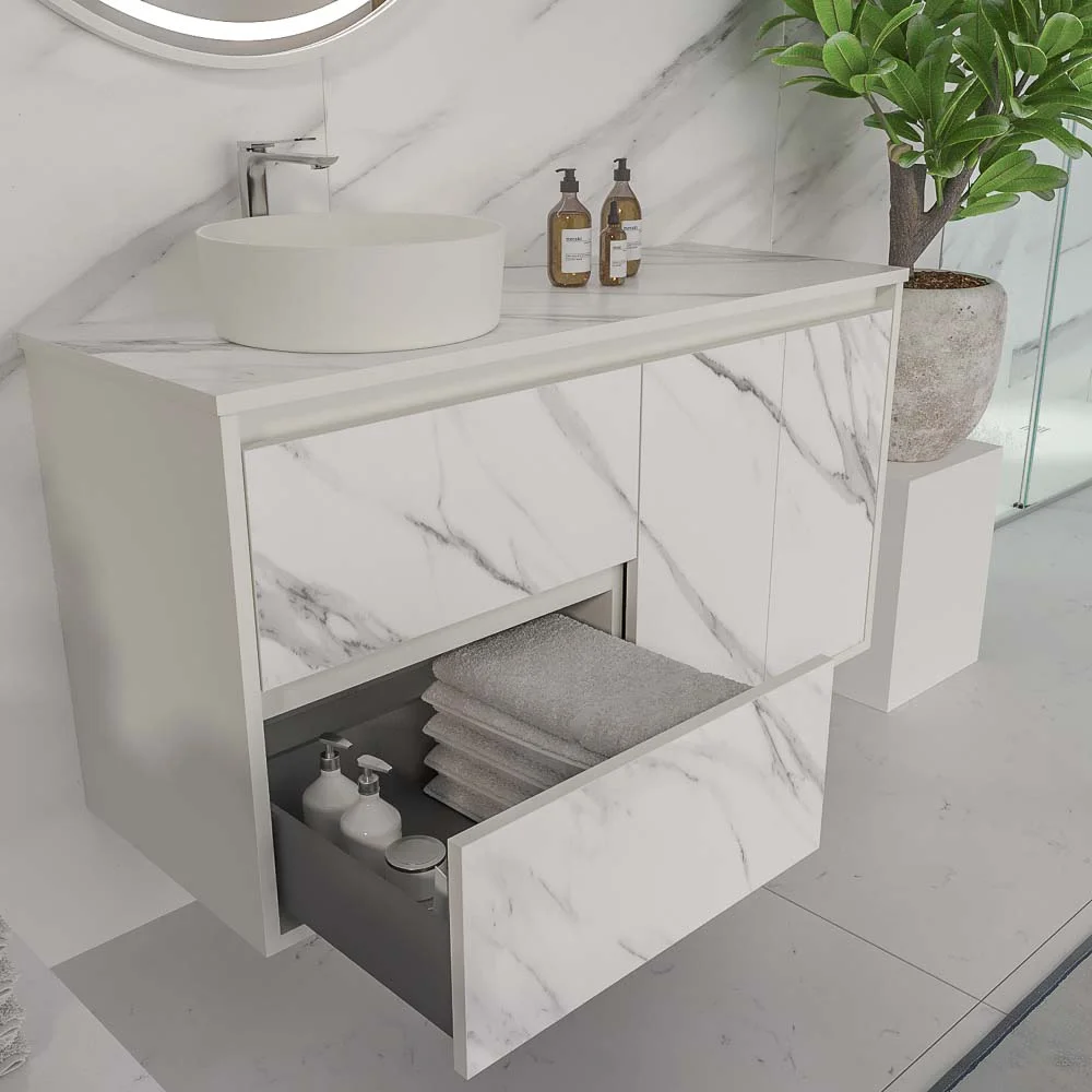 Móvel de casa de banho suspenso 2 gavetas/ 2 portas UNICO com lavatório OSIRIS Solid Surface efeito mármore CALACATTA - Image 3