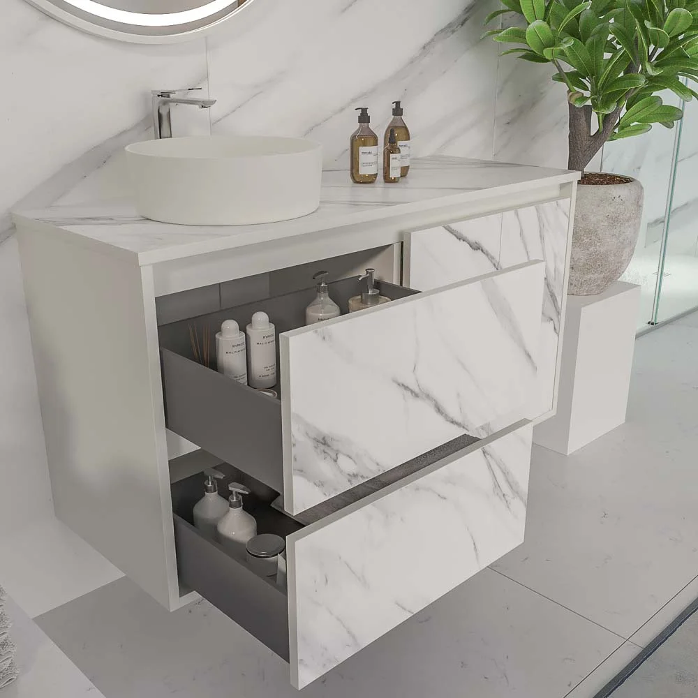 Móvel de casa de banho suspenso 2 gavetas/ 2 portas UNICO com lavatório OSIRIS Solid Surface efeito mármore CALACATTA - Image 5