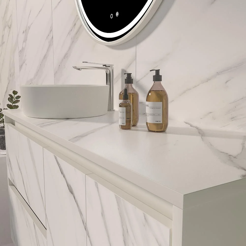 Móvel de casa de banho suspenso 2 gavetas/ 2 portas UNICO com lavatório OSIRIS Solid Surface efeito mármore CALACATTA - Image 4