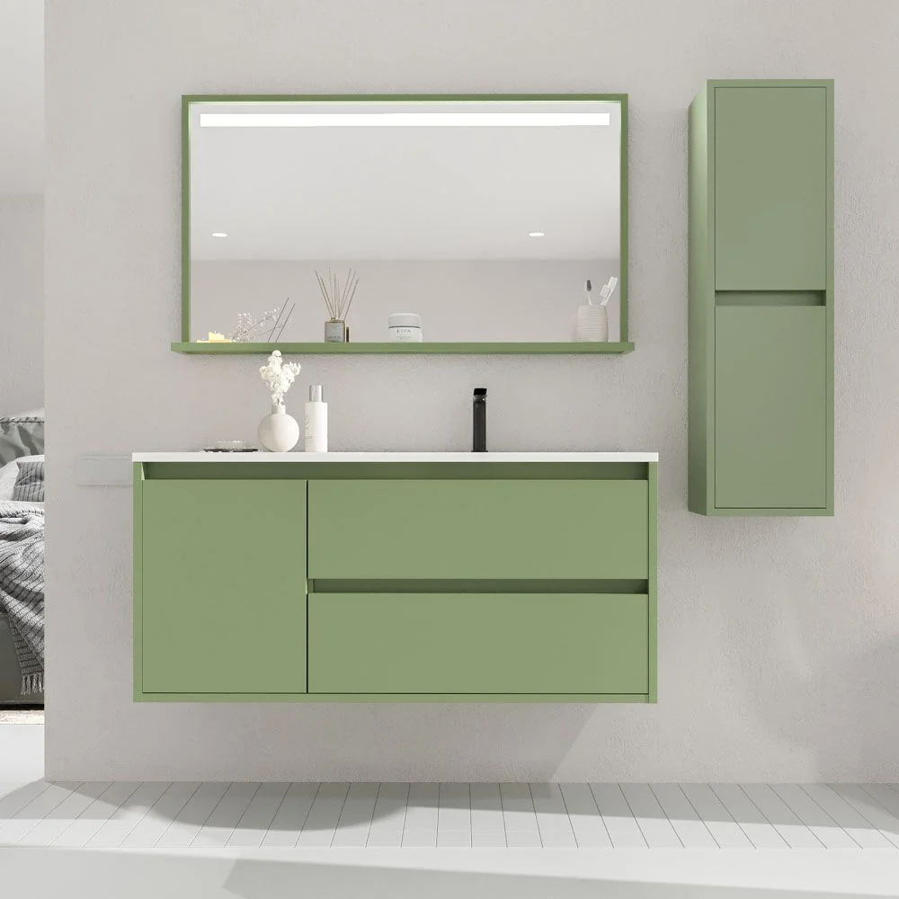 Móvel de casa de banho suspenso 2 gavetas / 1 porta CLAIRE com lavatório Solid Surface VERDE RESEDA