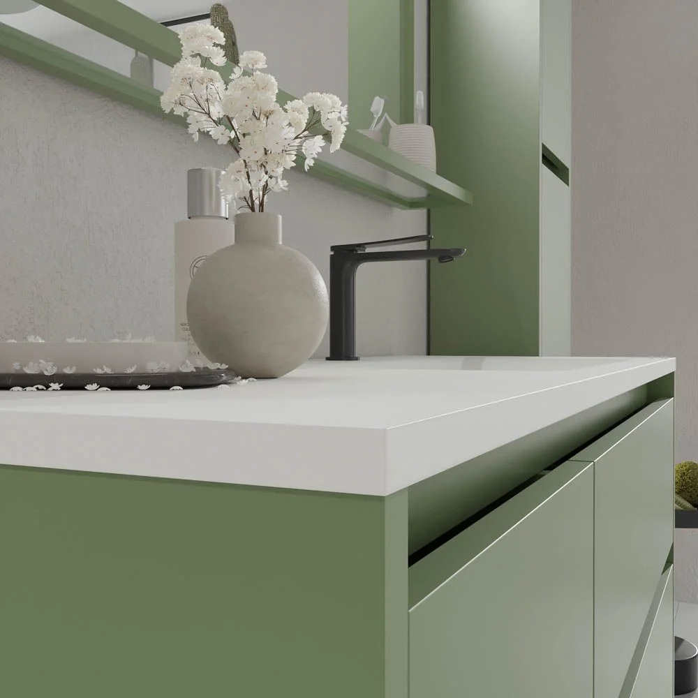 Móvel de casa de banho suspenso 2 gavetas / 1 porta CLAIRE com lavatório Solid Surface VERDE RESEDA - Image 5