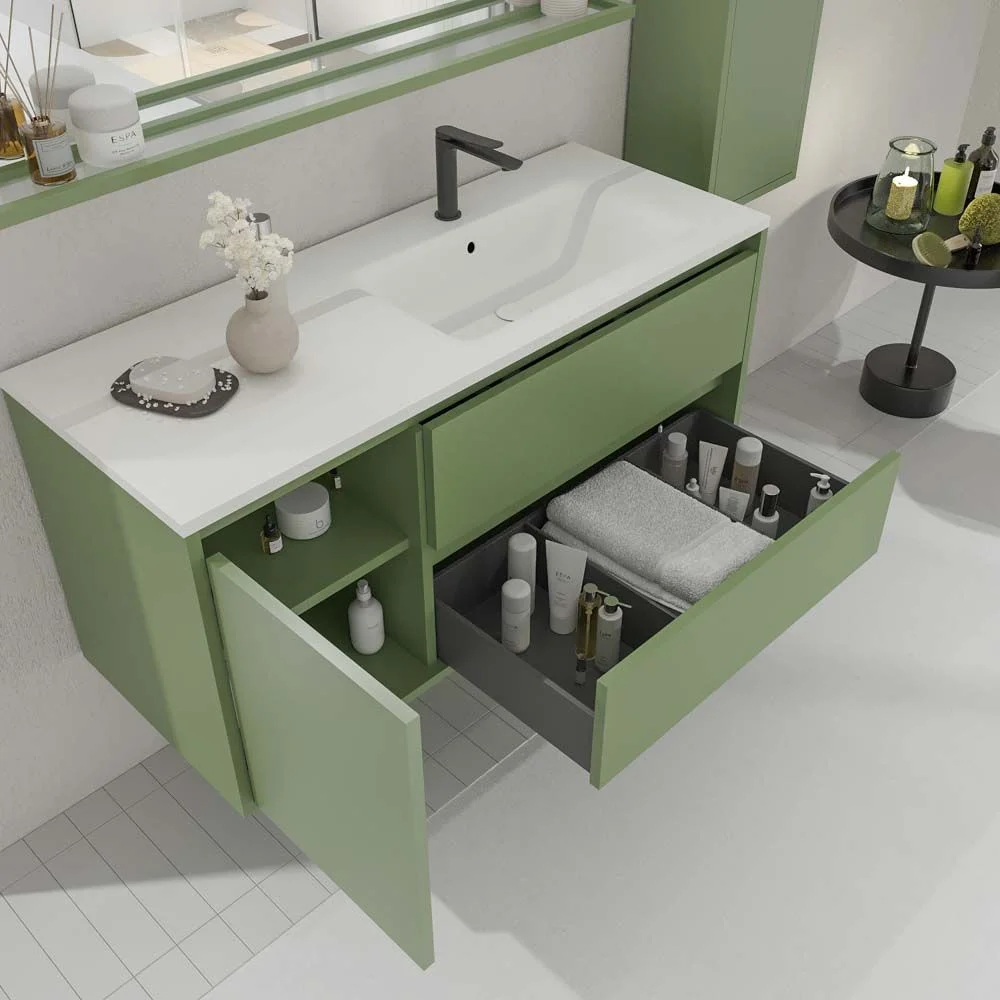 Móvel de casa de banho suspenso 2 gavetas / 1 porta CLAIRE com lavatório Solid Surface VERDE RESEDA - Image 3