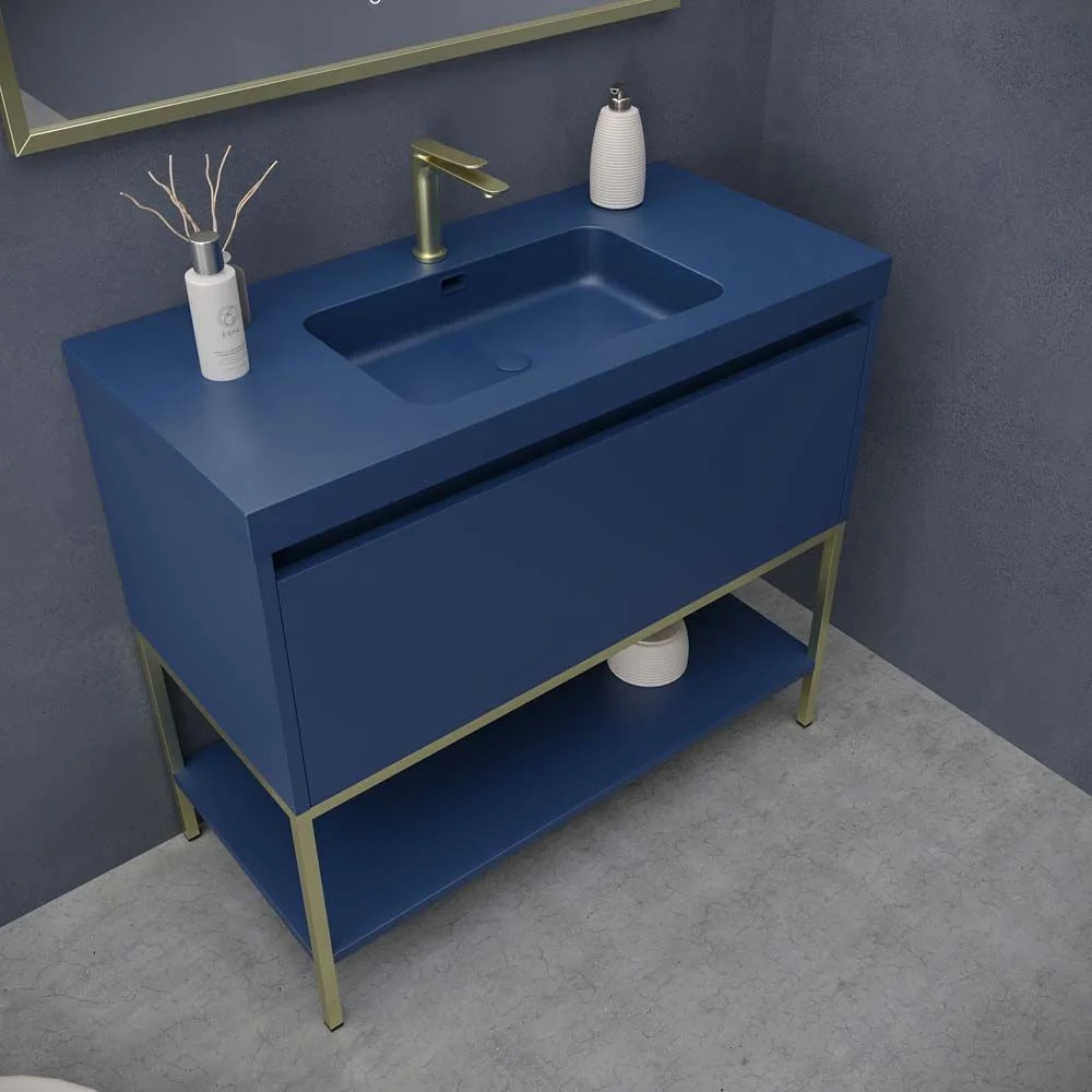 Móveis de casa de banho ELEN com pés 1 gaveta - 1 prateleira inferior AZUL COBALT / OURO MATE - Image 4
