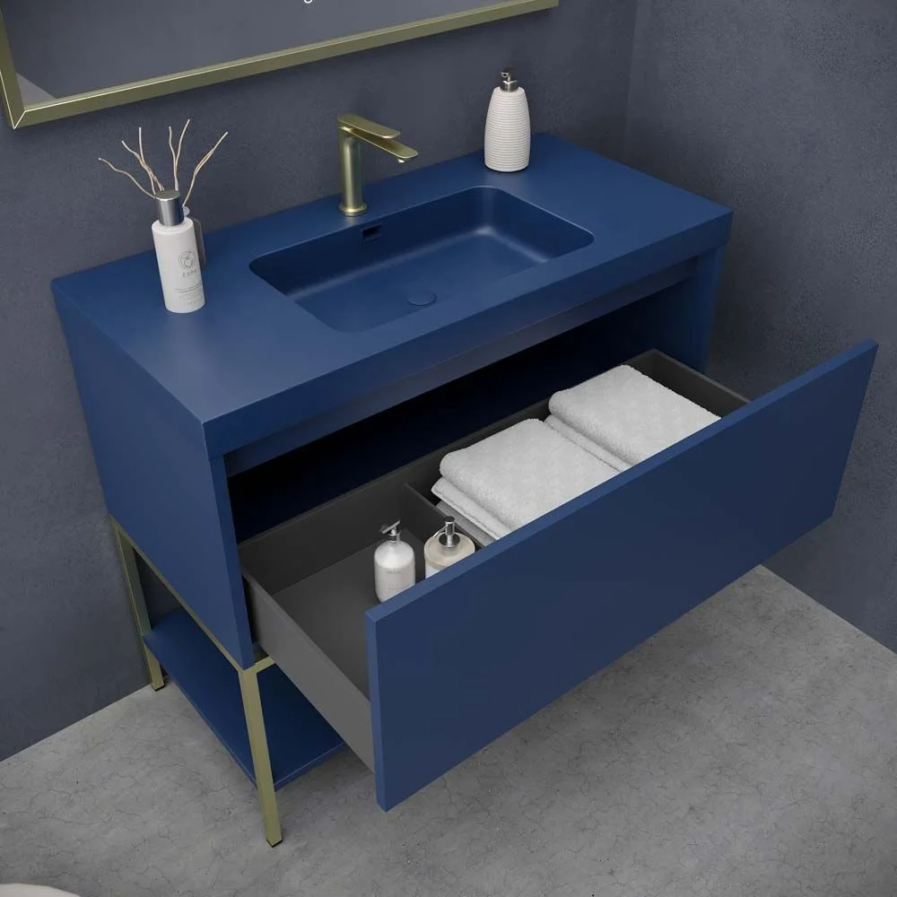 Móveis de casa de banho ELEN com pés 1 gaveta - 1 prateleira inferior AZUL COBALT / OURO MATE - Image 3