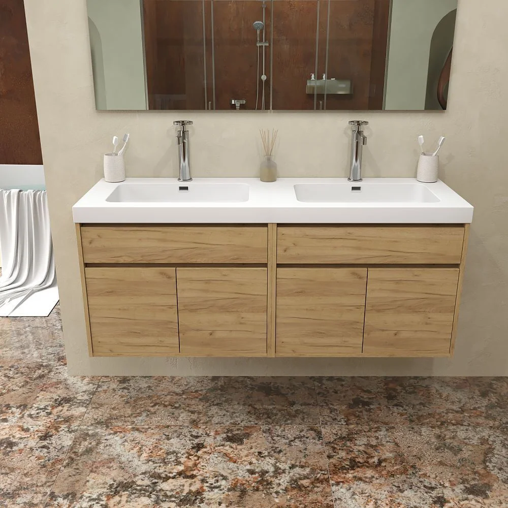 Móvel de casa de banho suspenso 2 lavatórios 4 portas / 2 gavetas 120 cm Acabamento em CARVALHO CLARO - Image 4