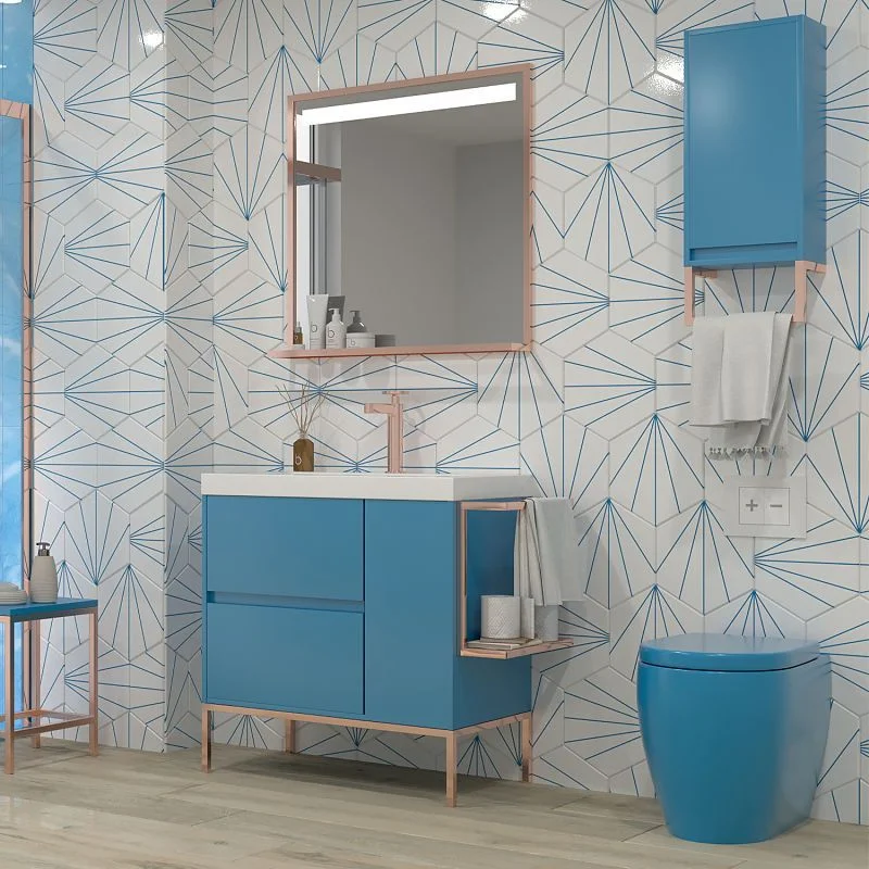 Móvel de casa de banho 2 gavetas - 1 porta SKY BLUE acabamento fosco com lavatório em resina de 6 cm de espessura