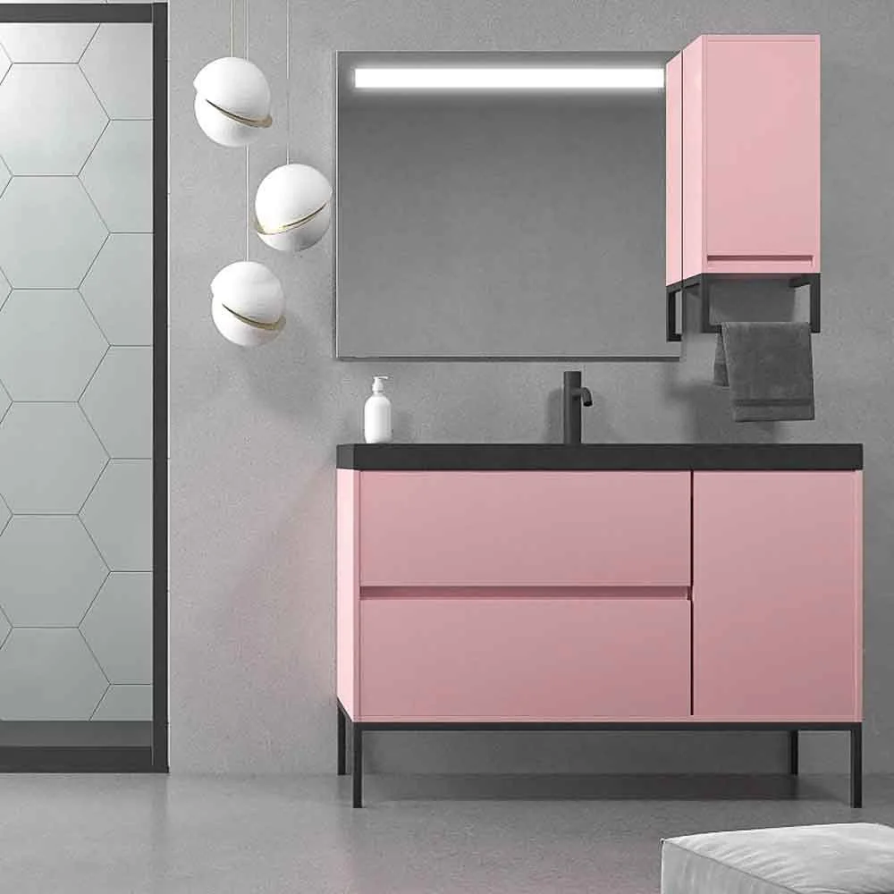 Móvel de casa de banho EVO 2 gavetas - 1 porta acabamento PINK PALO mate com lavatório em resina de 6 cm de espessura