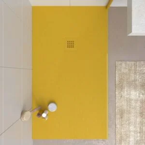 Base de duche em resina CLOE Amarelo Mel RAL 1005 com textura de ardósia antibacteriana e antiderrapante. Grelha termolacada