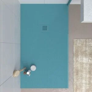 Base de duche em resina CLOE Azul Turquesa RAL 5018 com textura de ardósia antibacteriana e antiderrapante. Grelha termolacada